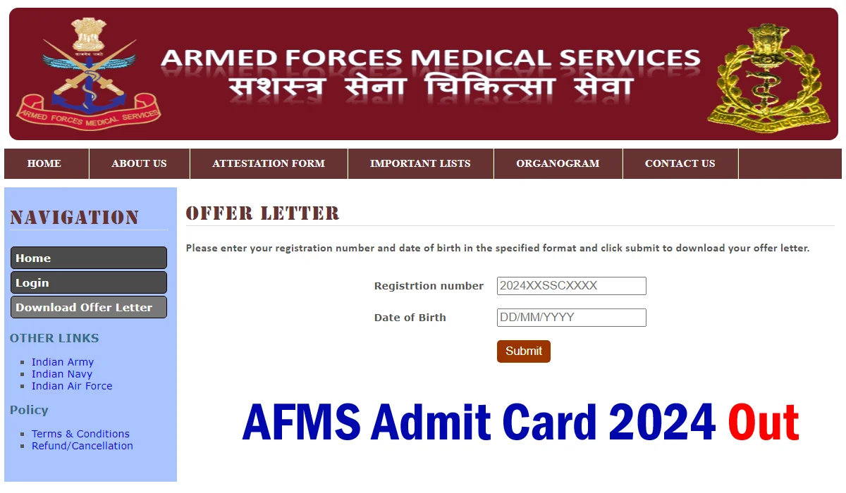 AFMS 450 Medical Officer Admit Card 2024